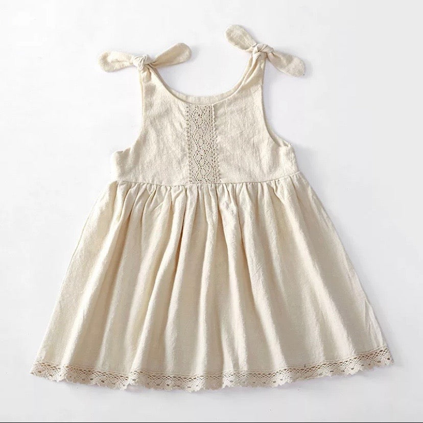 Cream Linen cotton lace detail dress ♡