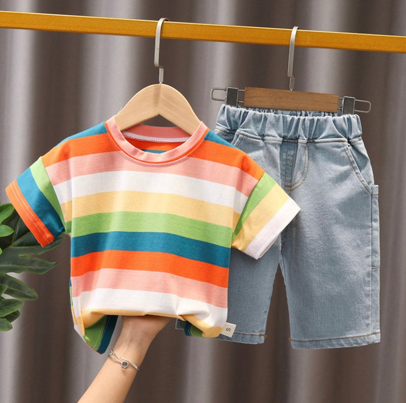 Rainbow top with denim blue shorts! 🌈